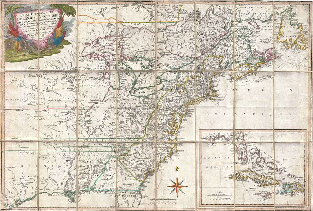 1779 Phelippeaux Case Map Of The United States During The Revolutionary War E11f03 1779 Phelippeaux Case Map of the United States during the Revolutionary War - Geographicus - BritishColonies-phelippeaux-1779. This is an important and extremely rare 1779 case map of the English colonies in in North America at the height of the American Revolutionary War. Focusing on the English Colonies, this map covers the eastern part of North America from the Hudson Bay to the Gulf of Mexico, extending westward as far as modern day Galveston. Rene Phelippeaux and Brion de la Tour issued this map following the 1778 signing of the Treaty of Alliance between France and the fledgling United States, which brought the American Revolutionary effort to the attention of the French public. Cartographically this map is based upon the important John Mitchell map of 1755. As a whole it presents the colonies in superb detail, identifying cities and towns, forts, roads, Indian villages and tribal territory, and coastal shoals and banks. Curiously this map attempts to offer both a French and an English mapping of the region. Read more at https://picryl.com/media/1779-phelippeaux-case-map-of-the-united-states-during-the-revolutionary-war-e11f03